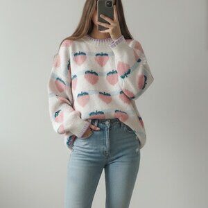 White Strawberry Oversized Vintage Sweater